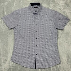 BC Collection Shirt Mens L White Blue Patterned Short Sleeve Collared Button Up